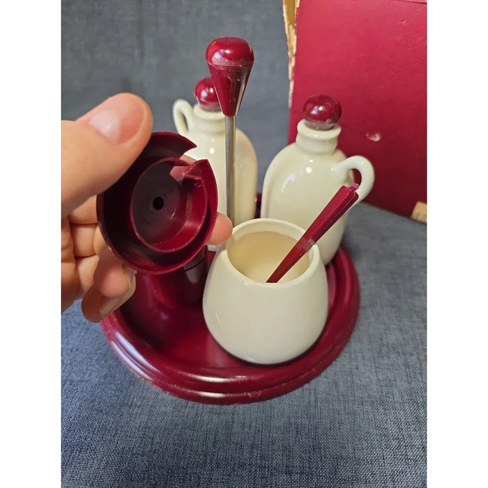 Vintage Carvanite Mid Century Classic Maroon Ceramic & Plastic Condiment Set